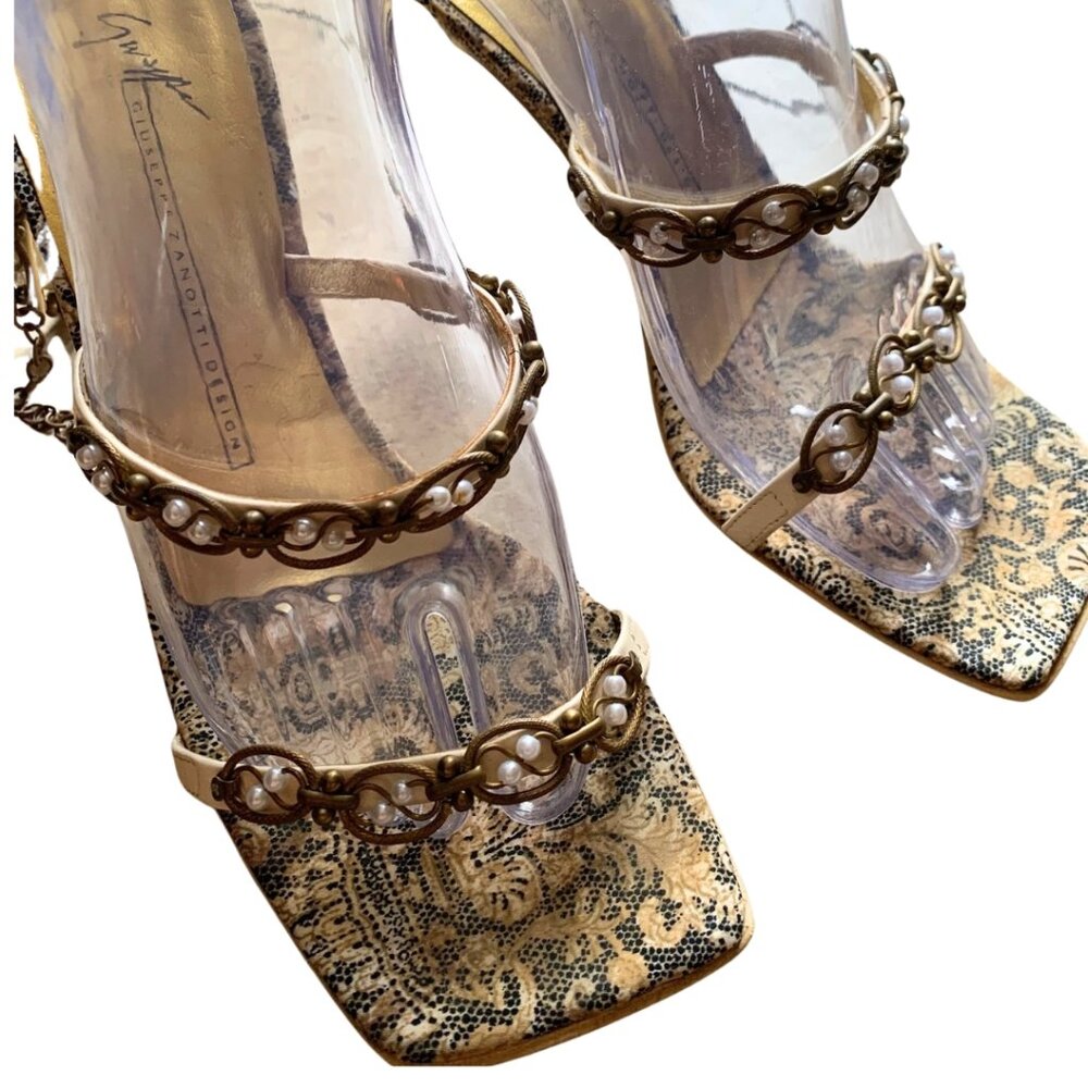 Giuseppe Zanotti Vintage Rare Ankle Wrap Sandals w/Pearls and Art Heels - Picture 3 of 9